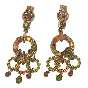MICHAL GOLAN Green Orange Rhinestone Earrings Statement